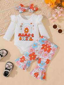 3 件套女婴休闲花卉和字母印花长袖荷叶边连体衣、喇叭裤和头带套装，春季/秋季 - 白色 - 查看 1