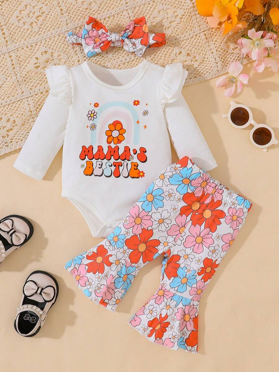 3 件套女婴休闲花卉和字母印花长袖荷叶边连体衣、喇叭裤和头带套装,春季/秋季 - 白色 - 查看 1