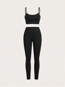 SHEIN Essnce Women's Casual Light Sports Summer Outfit, Sexy & Fashionable Outdoor Cycling Tennis Travel Spaghetti Strap Top Spaghetti Strap Top & Compression Trousers Pants & Plaid Shirt 3pcs/Set