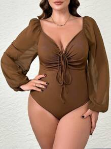 SHEIN Privé Plus Sweetheart Neck Lantern Sleeve Tie Front Bodysuit - Coffee Brown - View 1