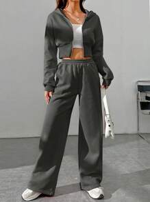SHEIN EZwear Wiosenna modna bluza z kapturem i spodniami z zamkiem błyskawicznym z przodu, dwuczęściowy zestaw dla kobiet