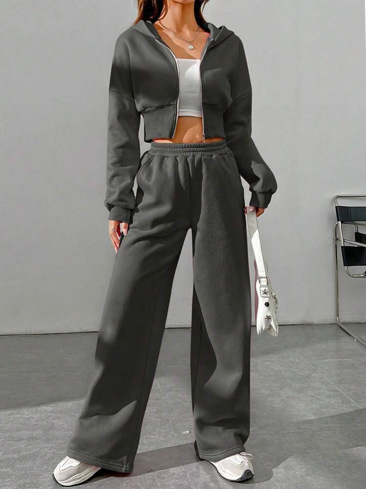 SHEIN EZwear Set da due pezzi alla moda per primavera, composto da felpa con cappuccio corta con chiusura lampo e pantaloni per le donne - Verde Scuro - Visualizzare 3