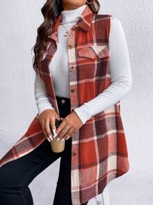SHEIN Chaleco casual de mujer de talla grande sin mangas con botones delanteros, bolsillo falso a cuadros, para otoño e invierno - Naranja Quemada - Ver 6