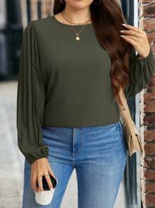 SHEIN LUNE Plus Size Women's Spring & Summer Solid Color Round Neck Pleated Long Sleeve Elegant Blouse - Green - View 3