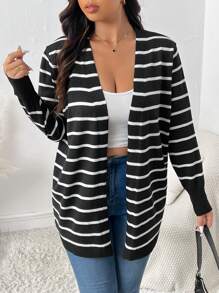 SHEIN Frenchy Plus Size Fall Striped Printed Casual Long Sleeve Cardigan