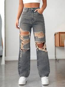 SHEIN PETITE 女式口袋破洞直筒宽松休闲时尚牛仔裤 - 藍色 - 查看 1