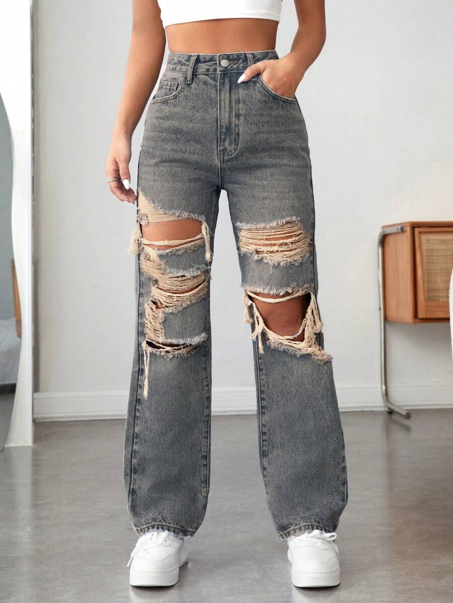 SHEIN PETITE 女式口袋破洞直筒宽松休闲时尚牛仔裤 - 藍色 - 查看 1