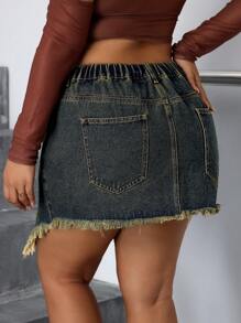 SHEIN SXY 大码前扣流苏下摆牛仔迷你裙，休闲日常穿着 - 藍色 - 查看 4