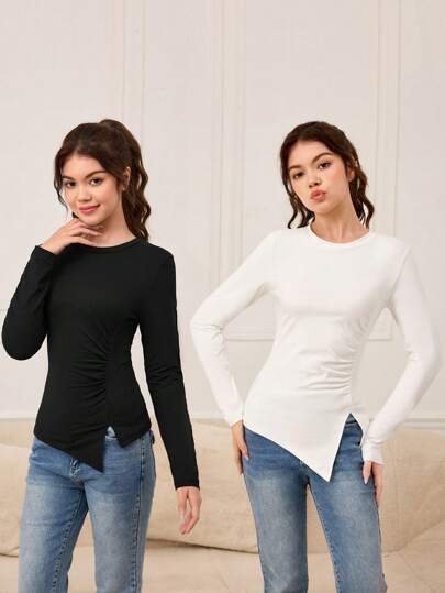 2 件/套青少年女孩优雅纯色不对称下摆针织长袖 T 恤，2 种颜色