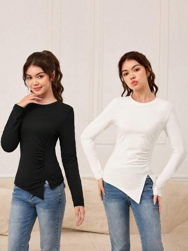 2pcs/Set Teen Girls Elegant Solid Color Asymmetric Hem Knit Long Sleeve T-Shirts, 2 Colors