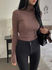 DAZY Women's Solid Color Fitted Long Sleeve Turtleneck Sweater,Fall Women Clothes - Brown - View 5