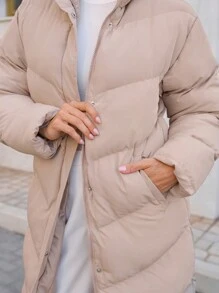 SHEIN Cottnline High Neck Long Puffer Winter Coat - Beige - View 7