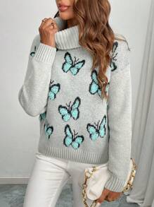 Chiquease Casual Butterfly Pattern Turtleneck Sweater, Autumn/Winter