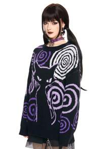 ROMWE Kawaii Women's Round Neck Long Sleeve Casual Cat Graphic Knit Sweater - Black - View 4