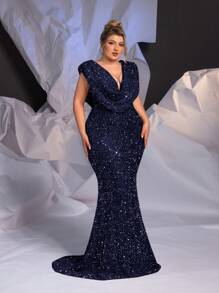 Glamrae Plus Size Elegant Women Deep V-Neck Rhinestone Chain Champagne Mermaid Evening Dress,Formal Prom Gown,Wedding Guest,Navy Blue,Spring,Party,Prom - Navy Blue - View 4