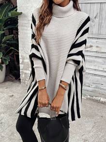 Chiquease Áo len nữ mùa thu/đông cổ cao kẻ sọc tay cánh dơi dáng rộng thoải mái, áo len chui đầu mùa thu - Xám - Xem 6