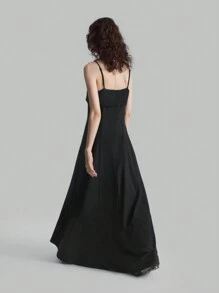 Ontre Black Fabric Splicing Spaghetti Strap Flared Hem Evening Formal Dress - Black - View 2