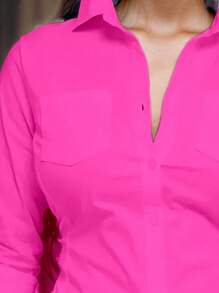 Chiquease 女士纯色衬衫领长袖纽扣前口袋简约休闲上衣