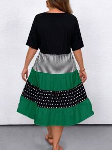 SHEIN LUNE Plus Size Women's Summer Round Neck Short Sleeve Polka Dot & Striped Loose Casual Dress Women Outfit