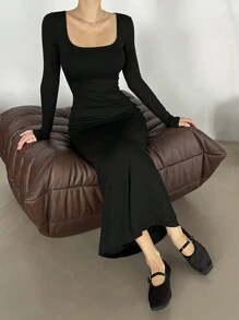 DAZY Women's Mid-Length Square Neck Long Sleeve Bodycon Slim Fit Dress - Black - View 1