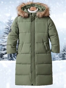 Manteau matelassé long décontracté et ample avec capuche en fourrure et motif de lettres pour filles pré-adolescentes en hiver - Militaire verte - Voir 3