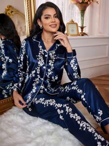 LuxeNights Floral Print Contrast Piping Satin Top & Pants PJ Set / Pajama Set, Fall Winter Clothes Cozy And Elegant Details - Navy Blue - View 5