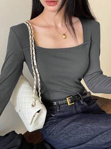 DAZY Áo thun nữ cổ tròn tay dài màu trơn, họa tiết gân, thường ngày, thời trang xuân hè thu - Xám - Xem 1