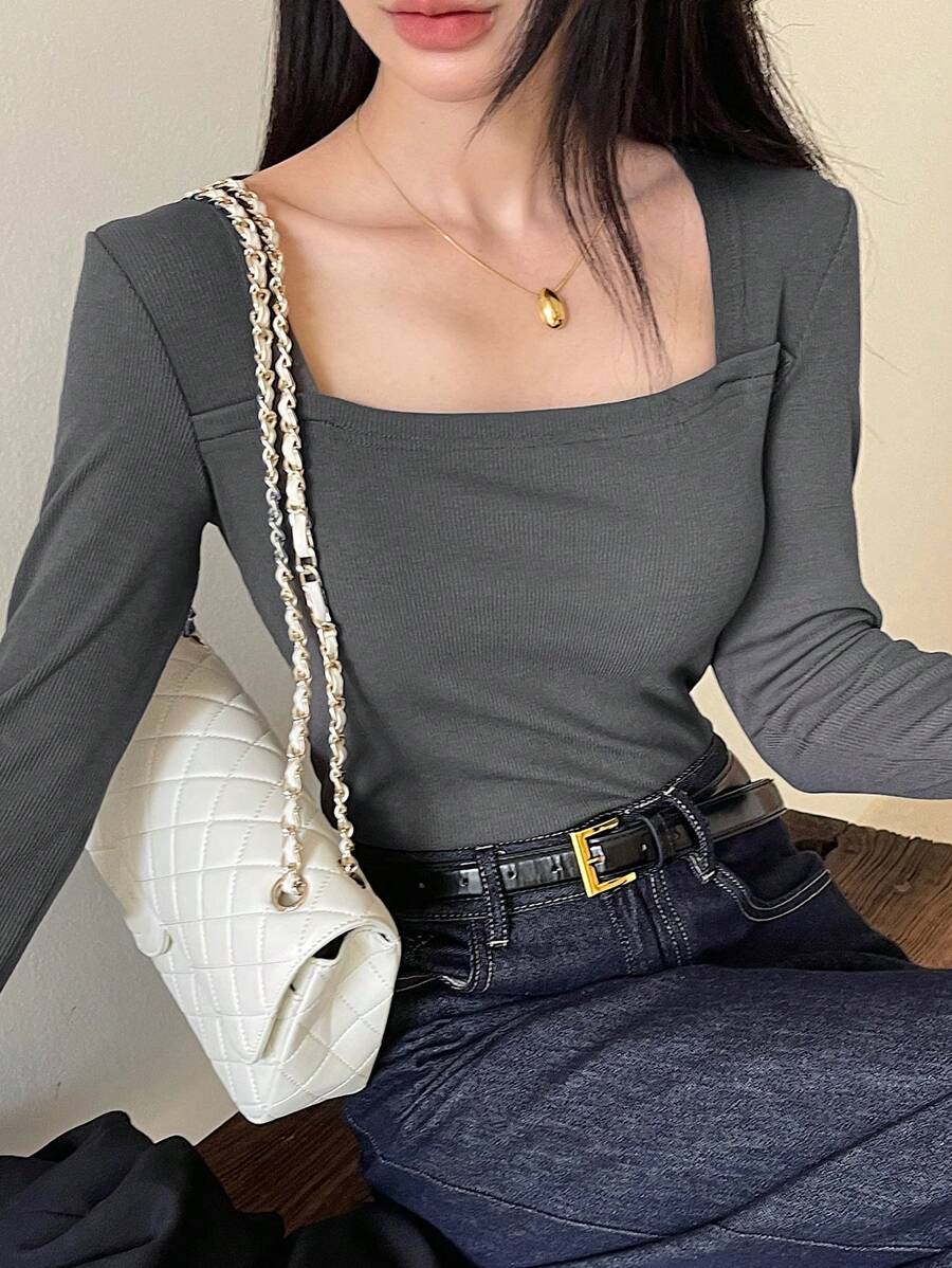 DAZY Áo thun nữ cổ tròn tay dài màu trơn, họa tiết gân, thường ngày, thời trang xuân hè thu - Xám - Xem 1