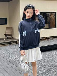 SHEIN Tween 女童海军蓝色半拉链运动衫，罗纹袖口和宽松白色 A 字裙两件套 - 藏蓝色 - 查看 1