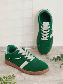 SHUZIA 畅销女款德国仿制复古系带圆头白绿运动鞋 - 时尚百搭日常运动鞋 - 軍綠色 - 查看 2