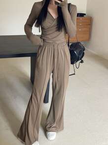 DAZY 2件套女士纯色运动服套装，秋季女装运动套装连帽家居服套装 - 卡其色 - 查看 8