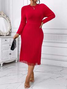 Celure Vestido suéter largo de manga larga con cuello redondo, cintura plisada y ajuste elegante de unicolor para mujeres de talla grande, para ropa de Año Nuevo