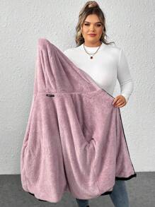 SHEIN CURVE+ Plus Size Hooded Splice Contrast Color Jacket For Women, For Winter