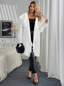 SHEIN Unity Women's Solid Color Patchwork Tassel Long Sleeve Open Front Long Cardigan Sweater For Autumn Winter Fall Cloth For Women - White - View 3