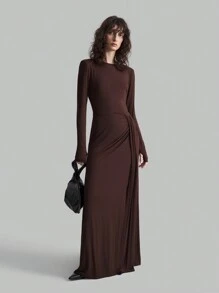 Ontre Damen Langarmkleid, braun, Rundhalsausschnitt, hoher Schlitzausschnitt am Saum, elegantes, hochwertiges, dehnbares Strickkleid