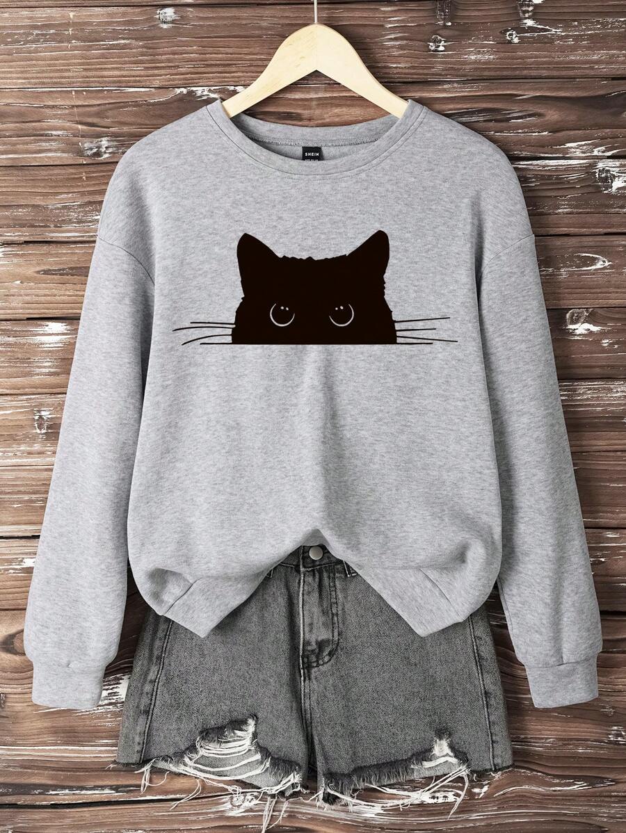 INAWLY 卡通猫印花宽松休闲圆领运动衫，春秋，长袖上衣