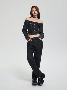 SHEIN Explorewe 2pcs Vintage Streetwear Teen Girls Set: Denim Off-Shoulder Crop Top & All-Match Loose Straight Leg Jeans - Black - View 3