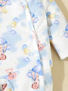 SHEIN 2pcs Set Baby Boys Cute Bear Print Long Sleeve Pajama Jumpsuit With Shoulder Wrap Casual Outfit