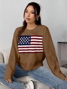 SHEIN Unity 女士圆领美国国旗图案长袖休闲针织衫，秋冬款 - 紫紅色 - 查看 3