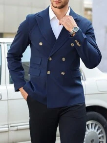 Manfinity Mode Men's Solid Color Lapel Double-Breasted Suit Jacket