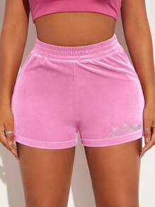 SHEIN SXY Women's Elastic Waist Rhinestone Letter Pattern Fashion Shorts - Baby Pink - View 3