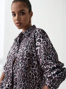 Chiquease Turndown Collar Drop Shoulder Leopard Print, Open Front Loose Casual Fashion Blouse For Women, Animal Print Shirt Fall Cloth For Women