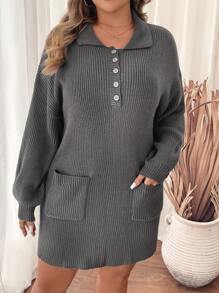 SHEIN Clasi Sukienka swetrowa o luźnym kroju i swobodnym kroju w dużym rozmiarze, z prostym profilem, kieszenią z przodu i kołnierzykiem z klapami dla swobodnego i stylowego wyglądu.Imprezy, festiwale muzyczne, odzież domowa, wydarzenia z okazji powrotu do szkoły, prezenty i zakupy.Strój kobiecy w stylu zachodnim, swetry jesienne, eleganckie sukienki, sukienka dzianinowa, sukienki jesienne, ubrania zimowe - Szary - Zobacz 5