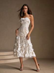 Anewsta 女士优雅白色抹胸网眼花卉装饰晚礼服 - 白色 - 查看 6