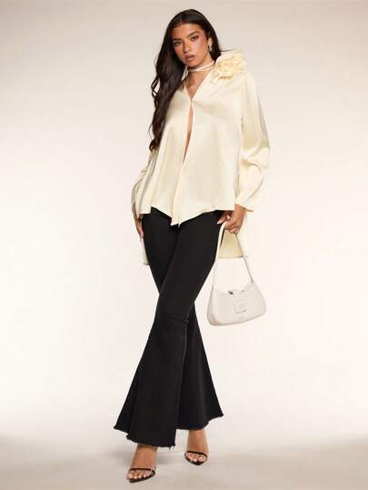 Glamine Women's Spring Summer Solid Color Long Sleeve 3D Floral Casual Shirt