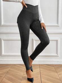 SHEIN Clasi Leggings casuales simples de cintura alta con botón y bolsillo de unicolor para mujer