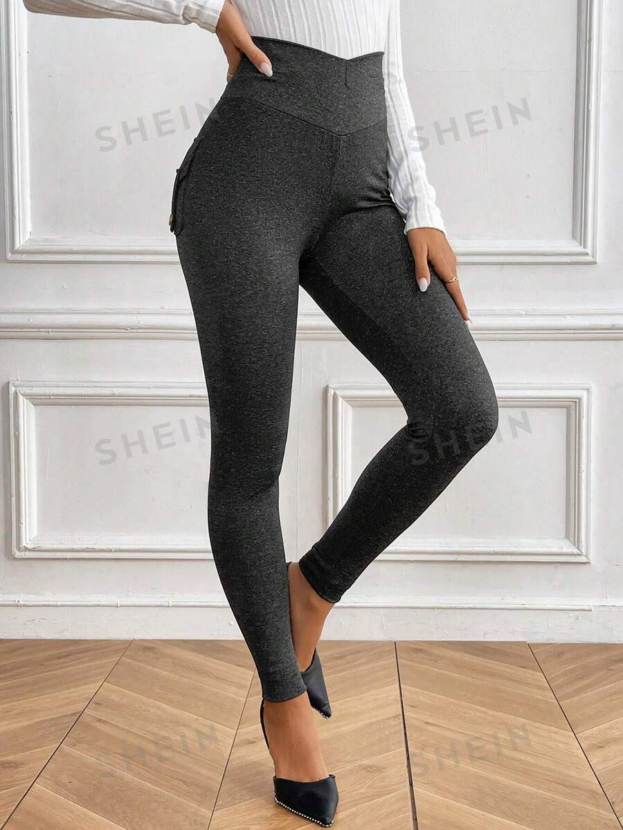 SHEIN Clasi Leggings casuales simples de cintura alta con botón y bolsillo de unicolor para mujer
