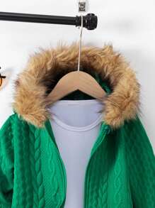 SHEIN 2 piezas Sudadera con capucha de felpa texturizada gris para niña pequeña con parche, cárdigan con cierre de cremallera y pelo marrón y pantalón deportivo casual de cintura ajustable gris, otoño invierno