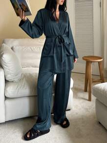 DAZY Women Solid Color Long Sleeve Satin Belted Robe & Pants Sleepwear Lounge Set, Cozy Outfits, Fall Winter Clothes Pajama