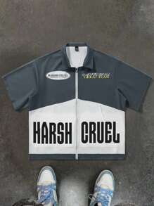 Manfinity EMRG Oversized Shirts,Men's Color-Block Simple Printed Short Sleeve Vintage Shirts - Dark Grey - View 1